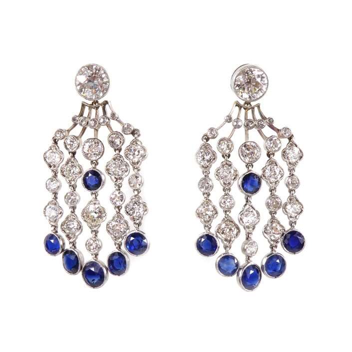 Pair of diamond and sapphire fringe pendant earrings
